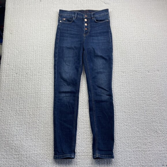 Y2K GUESS 1981 Skinny Jeans Women 29 Dark Wash Blue Pocket Logo Button Fly - Picture 1 of 9